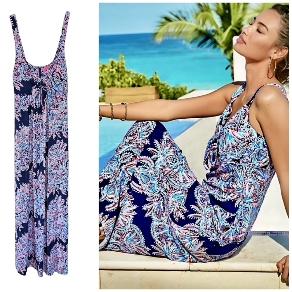 Lilly Pulitzer Jersey Knit Vacation Tropical Print Maui Maxi Dress